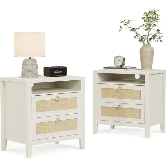 Cream White 2-Piece Rattan Nightstand Set with Charging Stations and Storage for Bedroom from PriceLows™