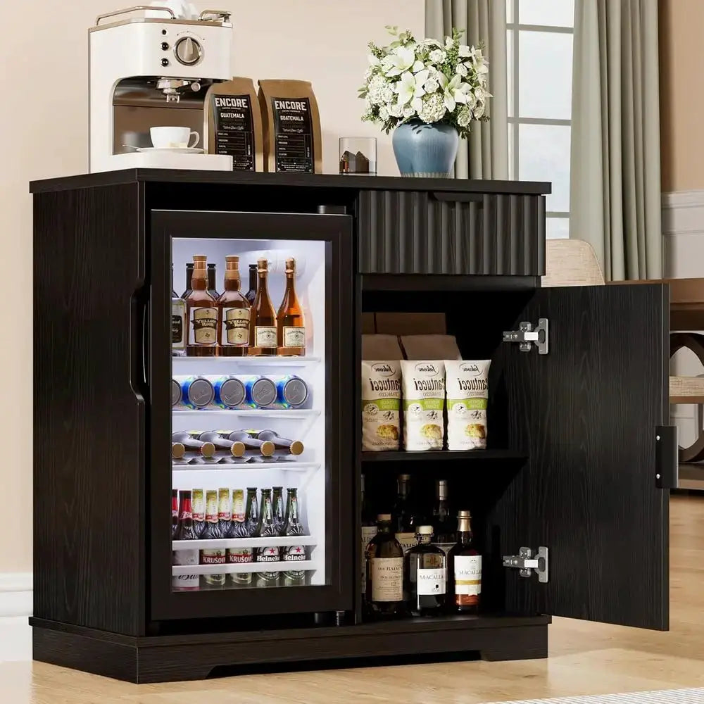 Ridge-Style Liquor and Wine Bar Cabinet with Refrigerator, Pull-Out Drawer & Storage, 31.5 for Home, Kitchen, Dining Room in Bla from PriceLows™
