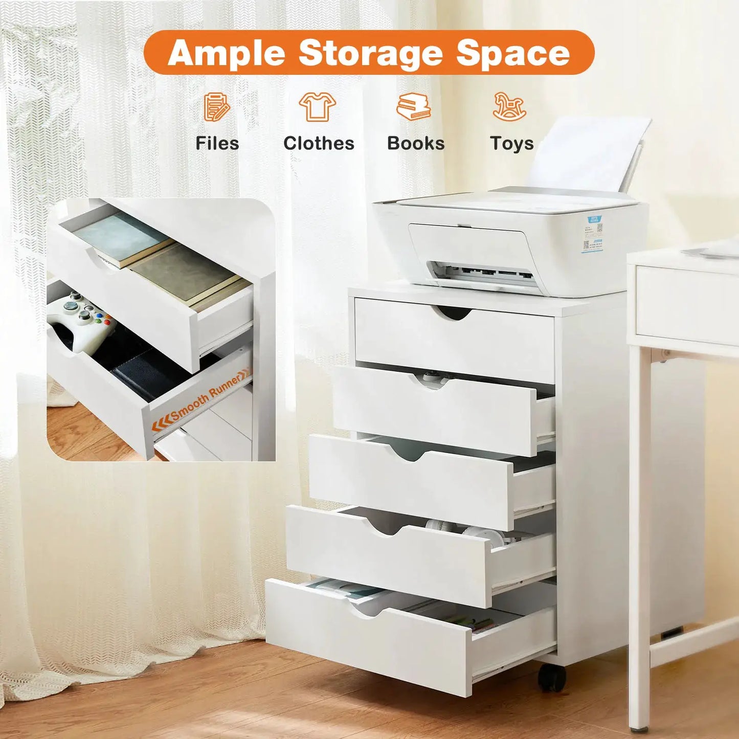 JHK Wood Nightstand Cabinet 5 Drawers Waterproof Surface Storage Organizer File Office Easy To Move Bedside Table Rotating Wheel from PriceLows™