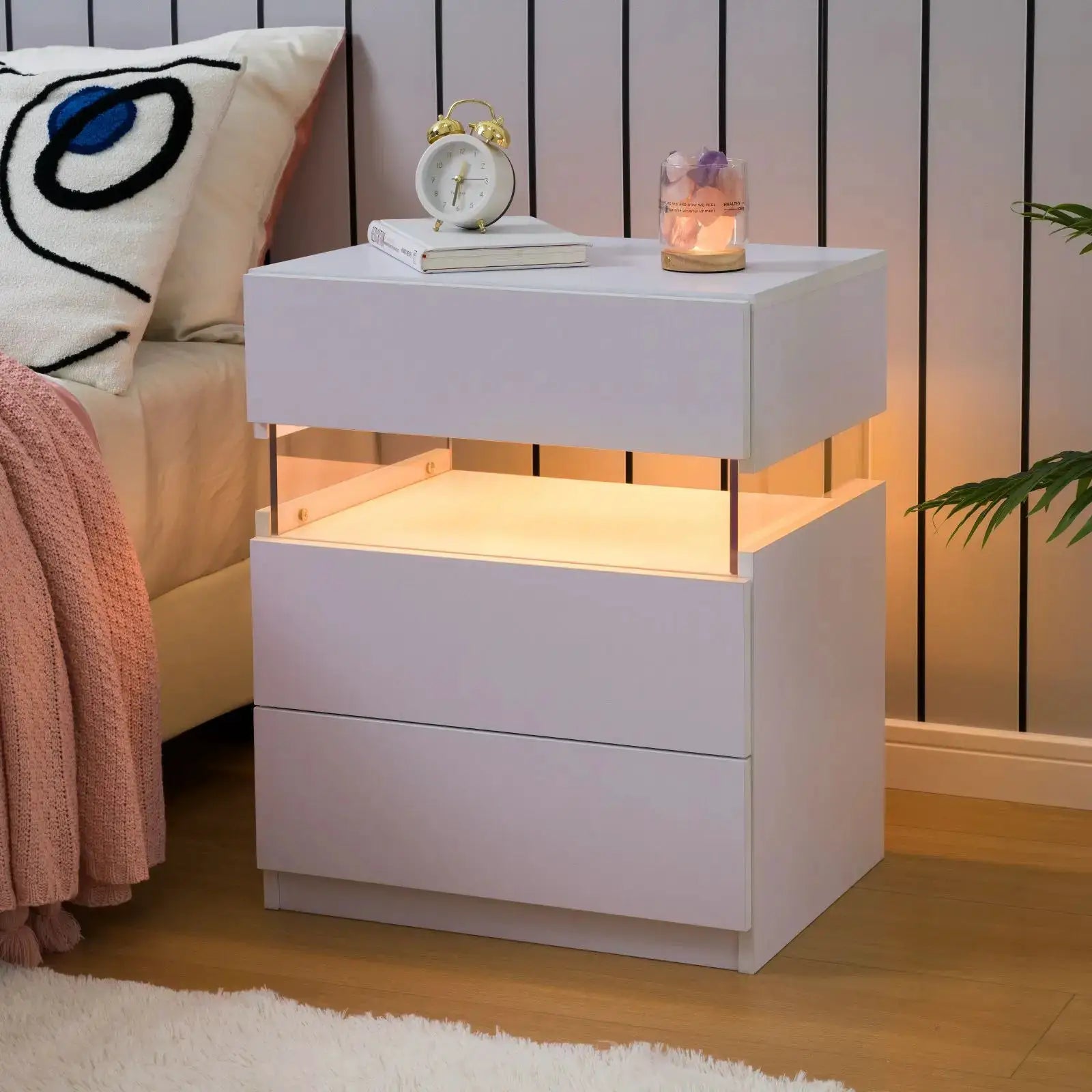 Cubehom Bedside Tables 2 Set with LED Lighting White Bedside Table with 3 Drawers Bedside Table for Bedroom from PriceLows™