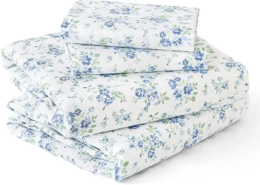 Queen Size 4-Piece Sheet Set, Soft Breathable Bedding with Deep Pocket Up to 16", Wrinkle-Free & Cooling - Blossoms Light Blue from PriceLows™