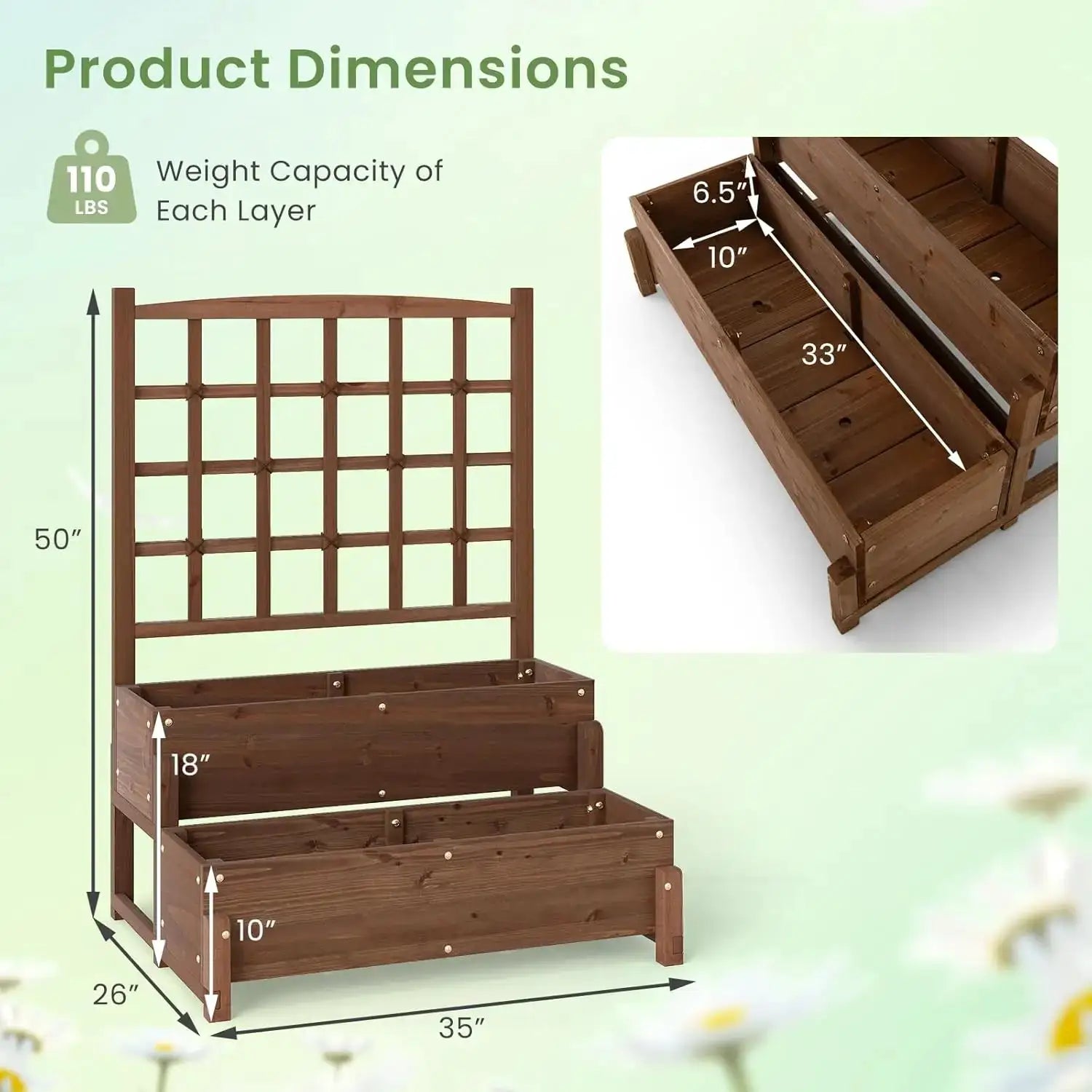 Outdoor Raised Garden Bed, Garden Planter Box with Lattice Trellis, Legs & Drainage Hole, 2-Tier Standing Elevated Plant from PriceLows™