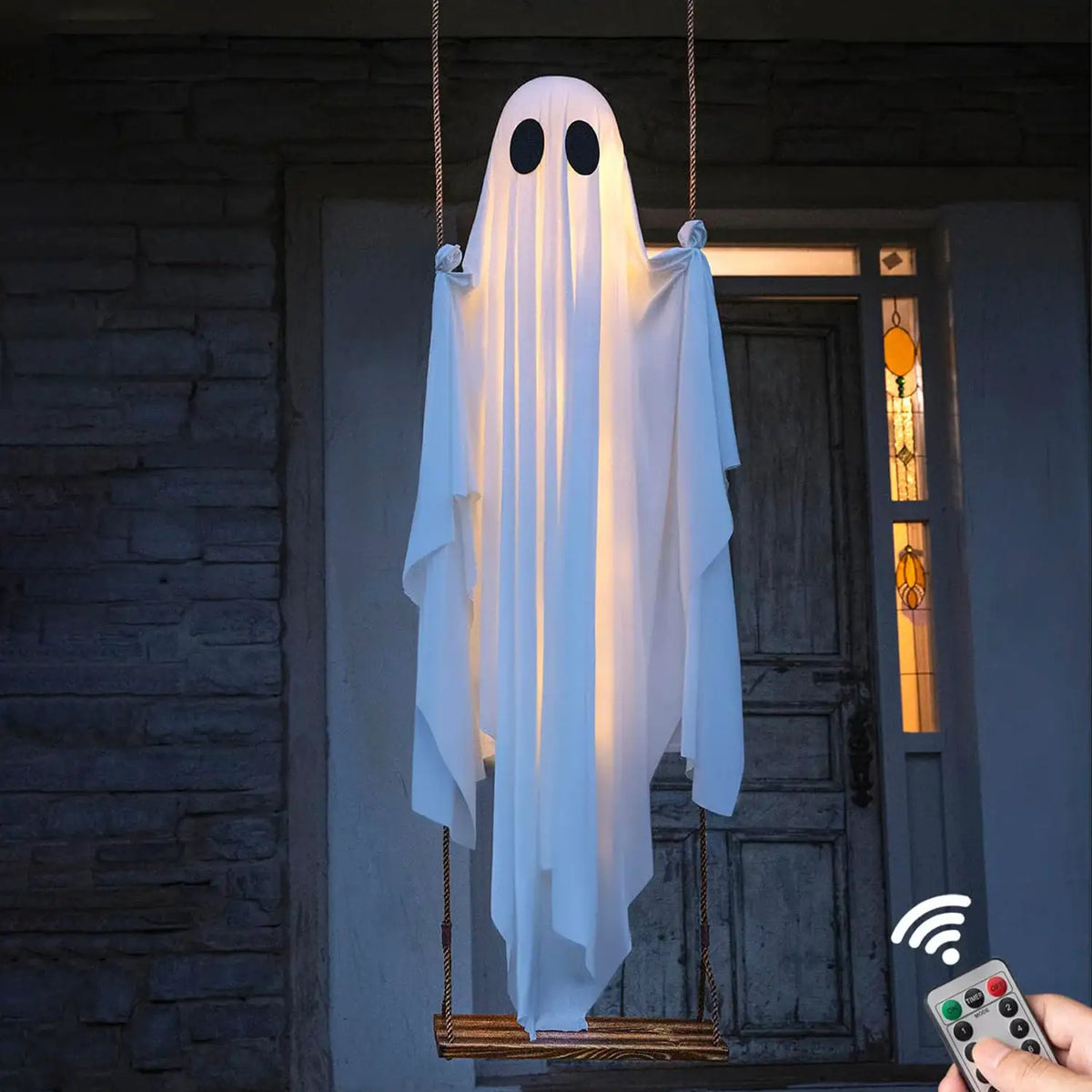 Hanging Ghost Halloween Ornament | Silk Fabric | String Light | Porch Decor