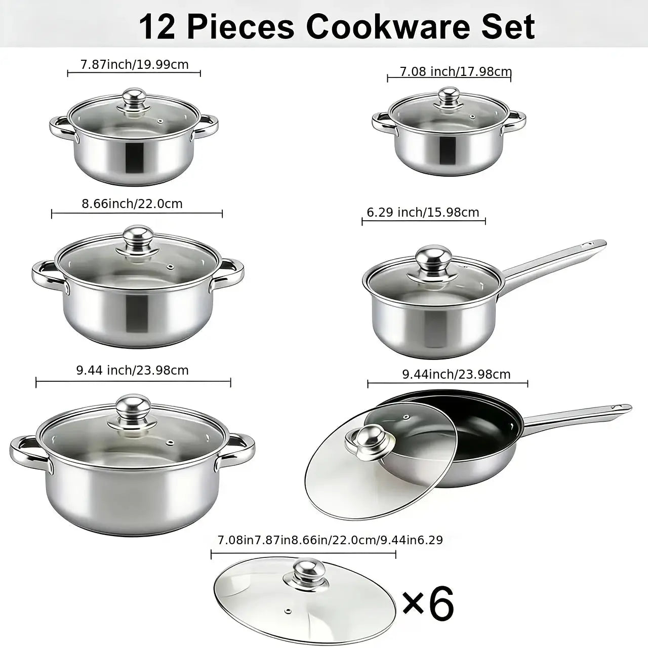 12pcs Stainless Steel Kitchen Cookware Set, (6Pots+6Lids) Cookware Set with Handles And Lids, Includes Different Sizes of Stockpots with Frying Pans, Dishwasher Safe, Easy to Clean, Durable And Heat Resistant, Silver Handle from PriceLows™