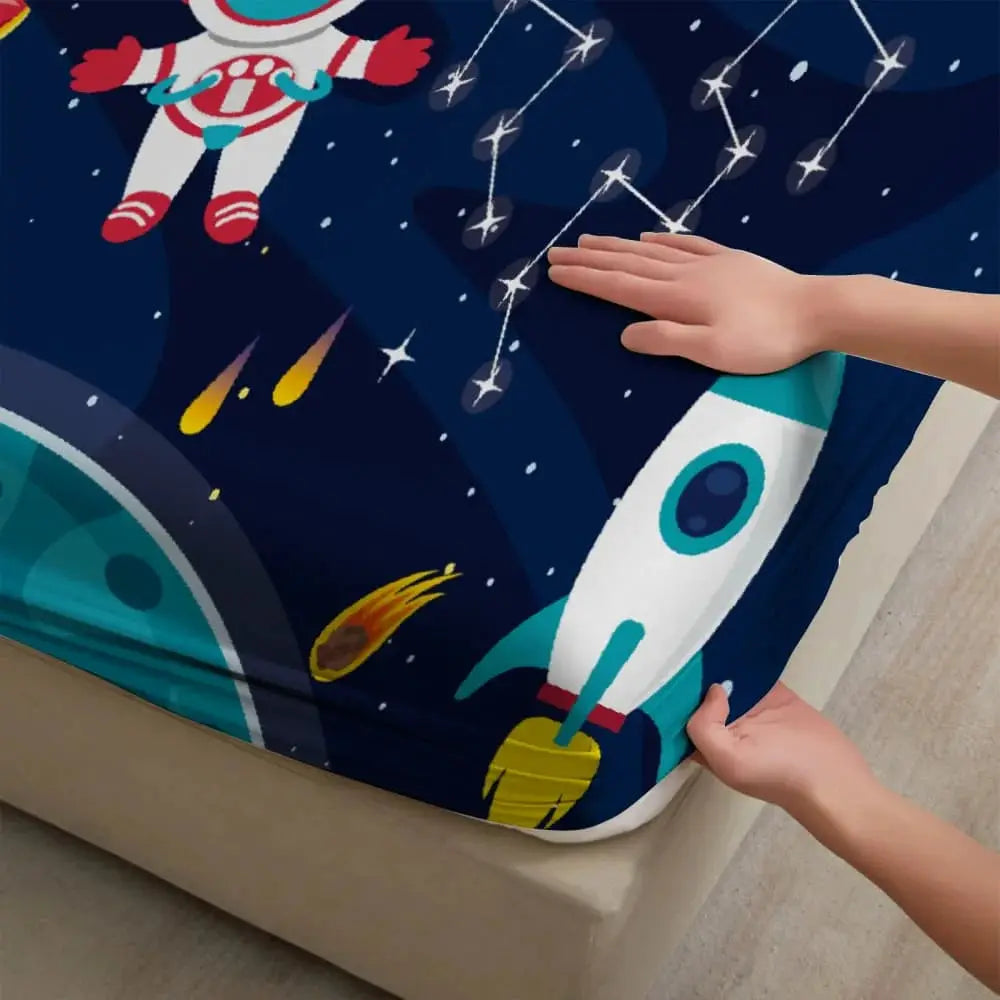 1pc Cartoon Space Astronaut Print Fitted Sheet Deep Pocket Elastic Mattress Cover Single Double Queen King Bedroom Decor from PriceLows™