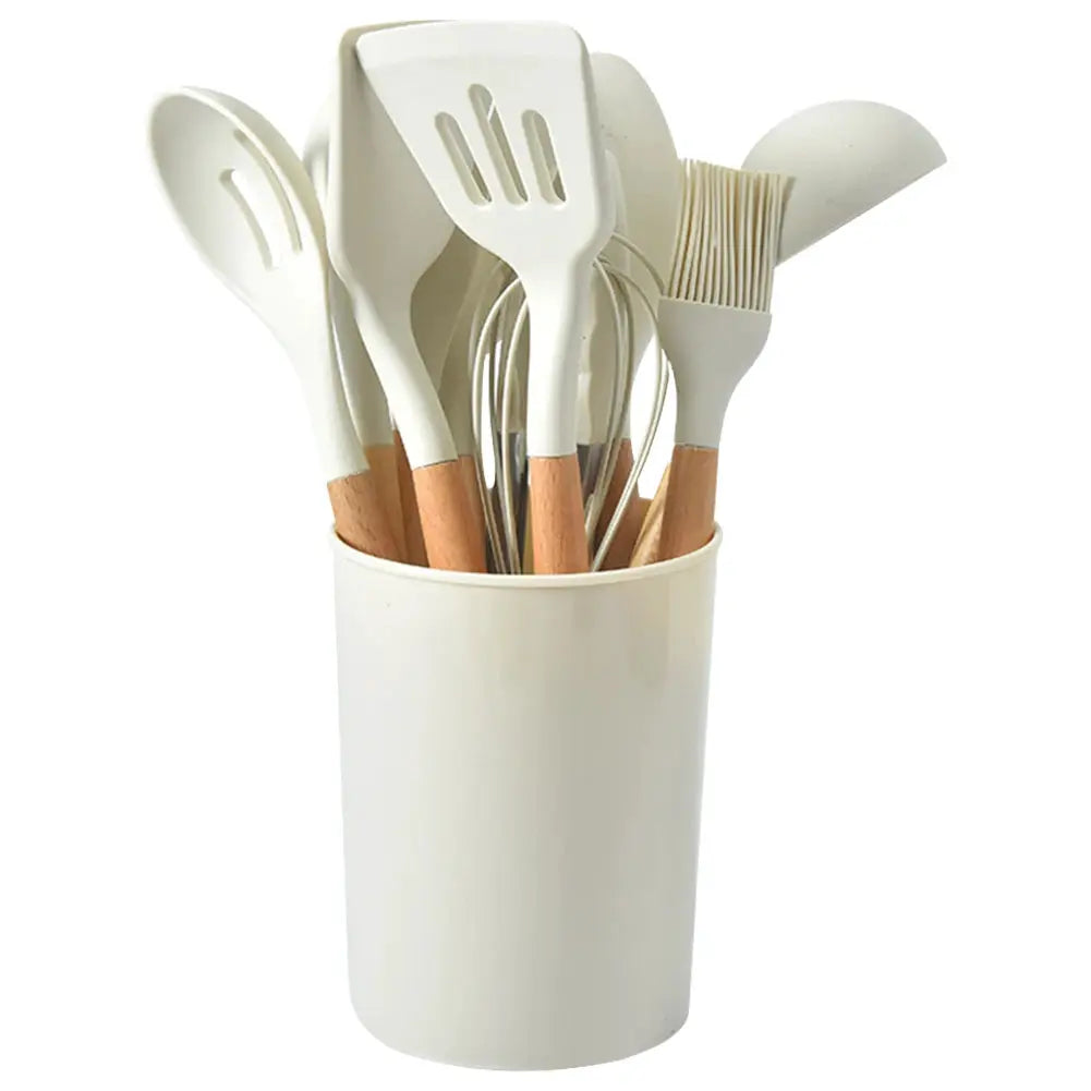 12PCS Silicone Kitchenware Non-Stick Cookware Kitchen Utensils Set Spatula Shovel Spoon Brush Whisk Wooden Handle Cooking Tool from PriceLows™