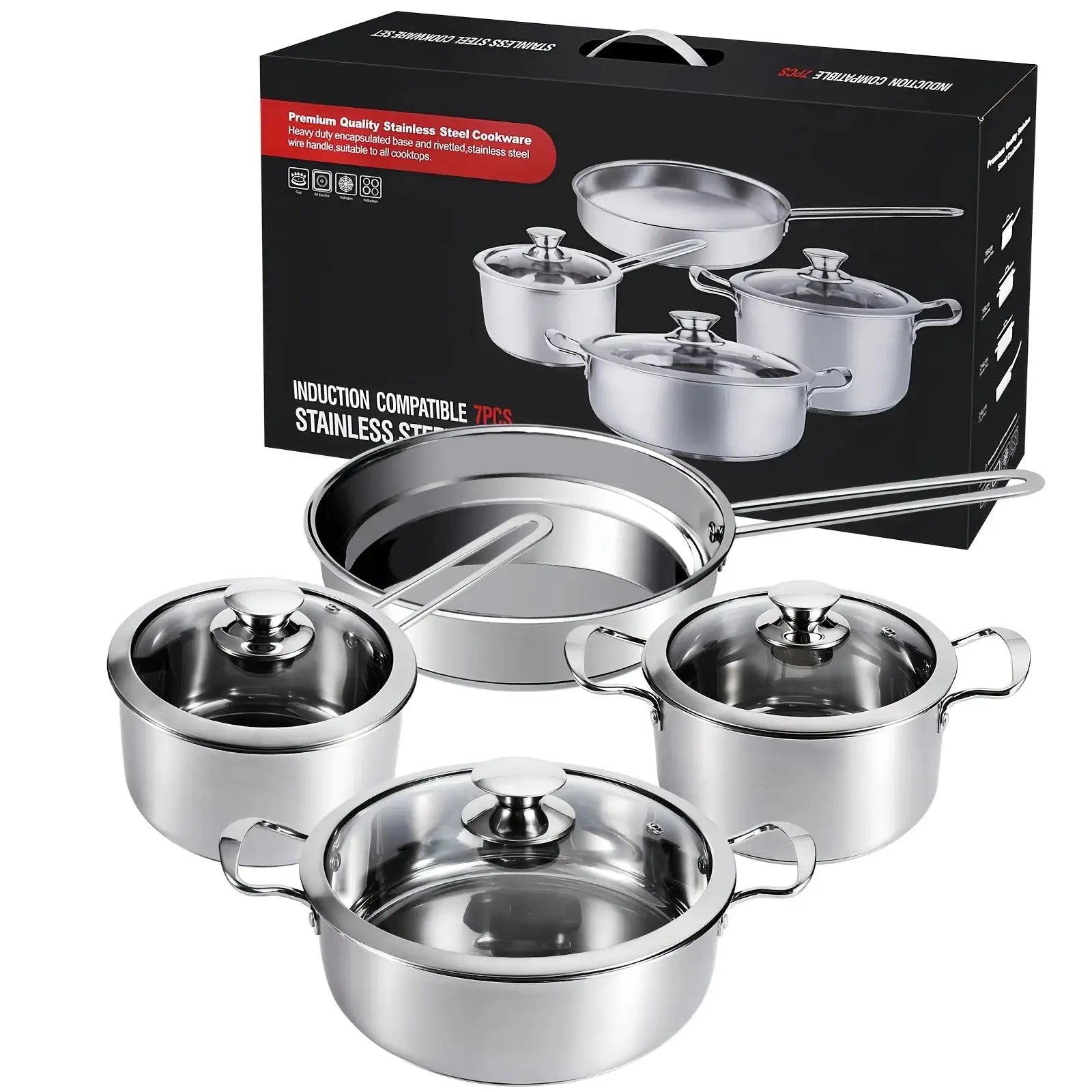 7pcs Stainless Steel Pots And Pans Set, Nonstick Induction Kitchen Cookware Set, Works with Induction/Electric And Gas Cooktops, Nonstick, Oven Safe, Camping Cookware from PriceLows™