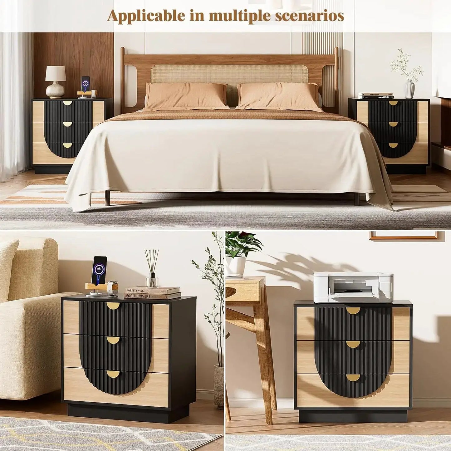 3 Drawer Nightstand with Charging Station, 28" Fluted Night Stand & Modern Bedside Table, Wood End Table Storage Cabinet from PriceLows™