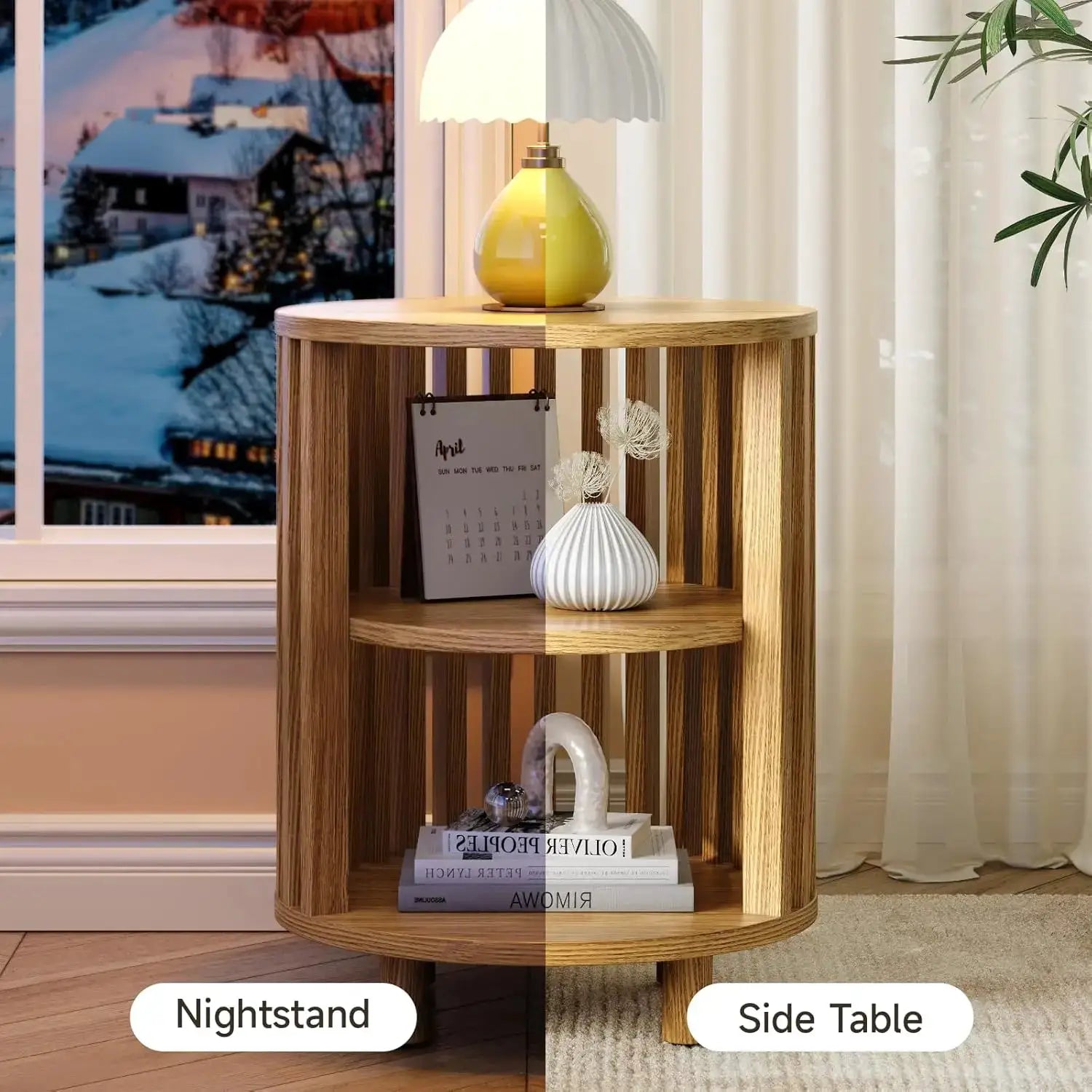 Round End Table, Wood Bedside Table, Mid Century Modern Nightstand with Open Storage Shelf, 3 Tier Small Side Tables for Living Room, Bedroom, Curved Profile Design, Natural Oak(2-Pack) from PriceLows™