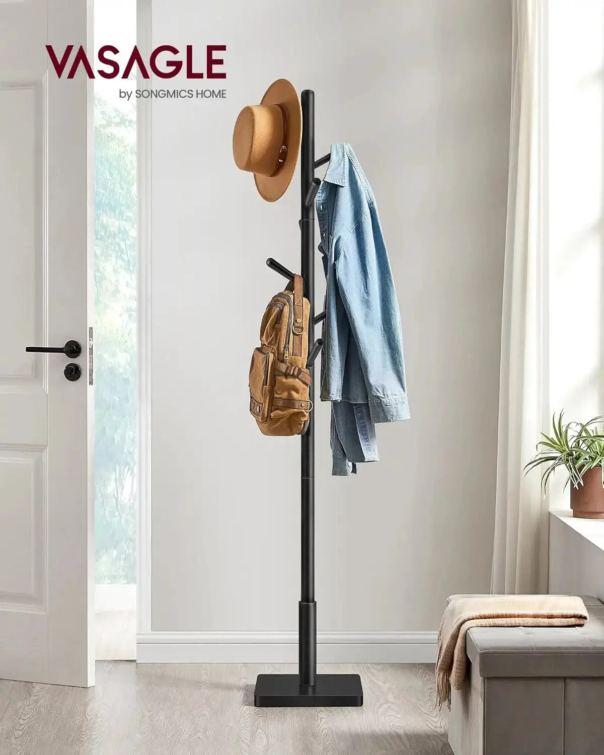Solid Wood Coat Rack | 8 Freestanding Hooks | 3 Height Options | Rubberwood