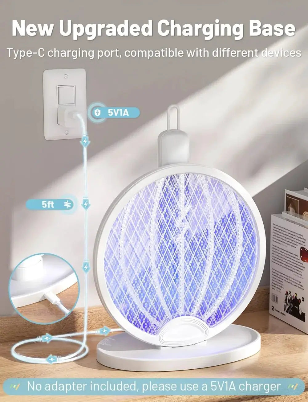 2-in-1 Mosquito Killer Racket, 4000V Foldable Electric Fly Swatter with Charging Base & Attractant Light, Rechargeable 1800mAh, Bug Zapper for Home, Patio, Backyard, Camping from PriceLows™