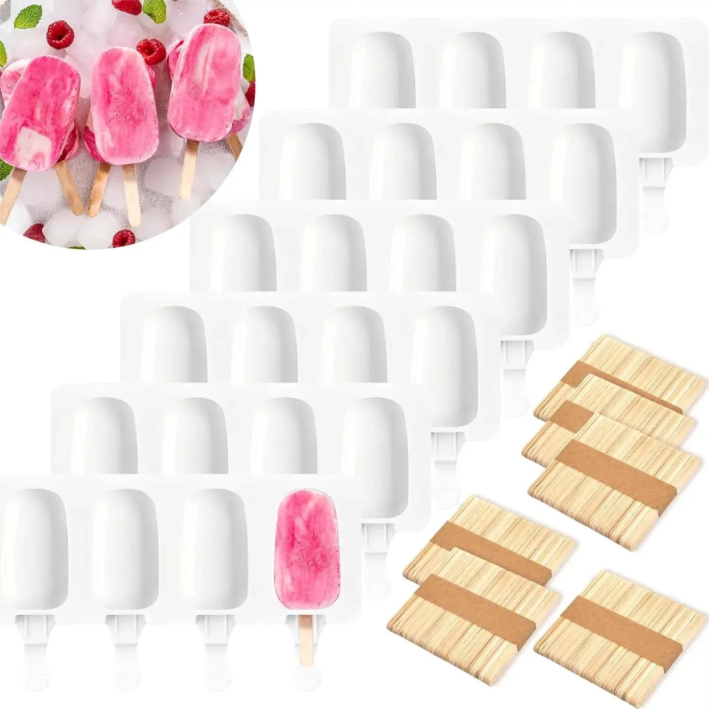 6 Pcs Silicone Popsicle Molds with 300 Wooden Sticks, 4 Cavity Ice Lolly Mold for DIY Frozen Treats, Easy Release and Dishwasher from PriceLows™