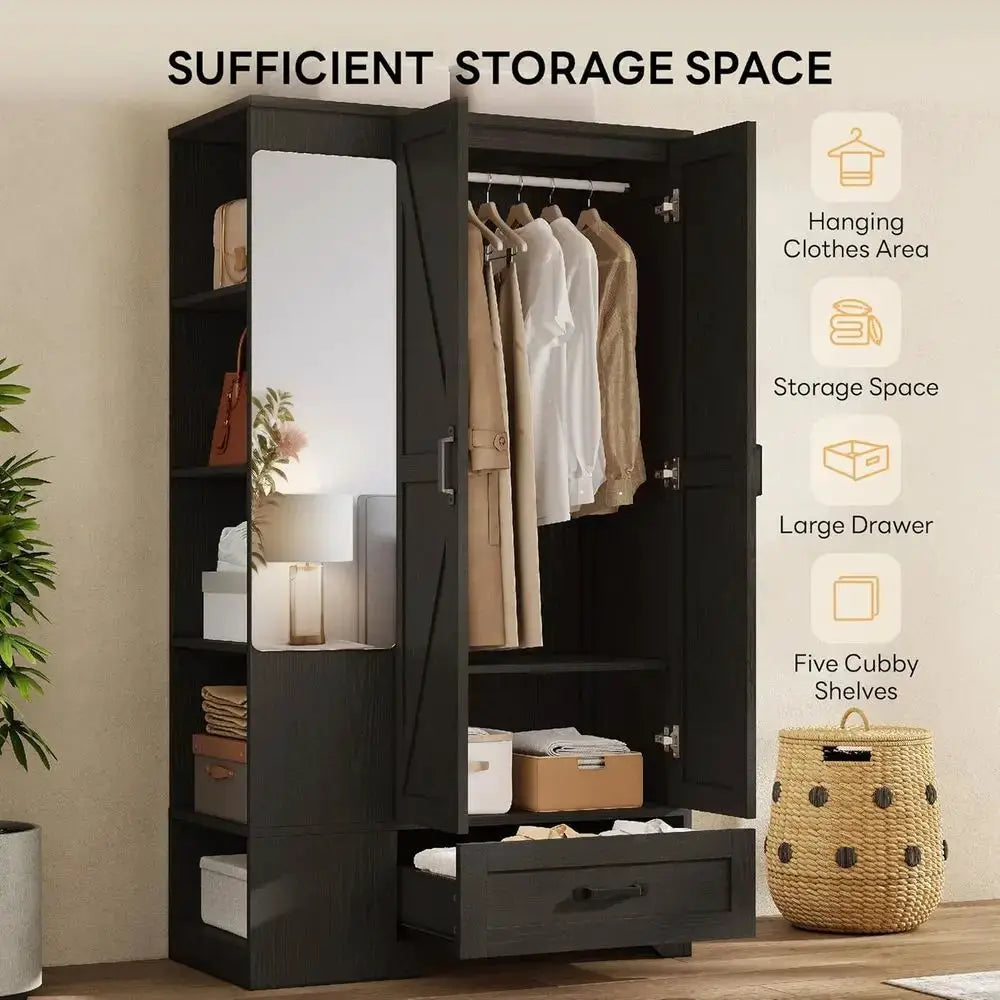 70 Large Wooden Wardrobe with Mirror, 2 Doors, Shelves & Hanging Rail for Bedroom Storage in Black from PriceLows™