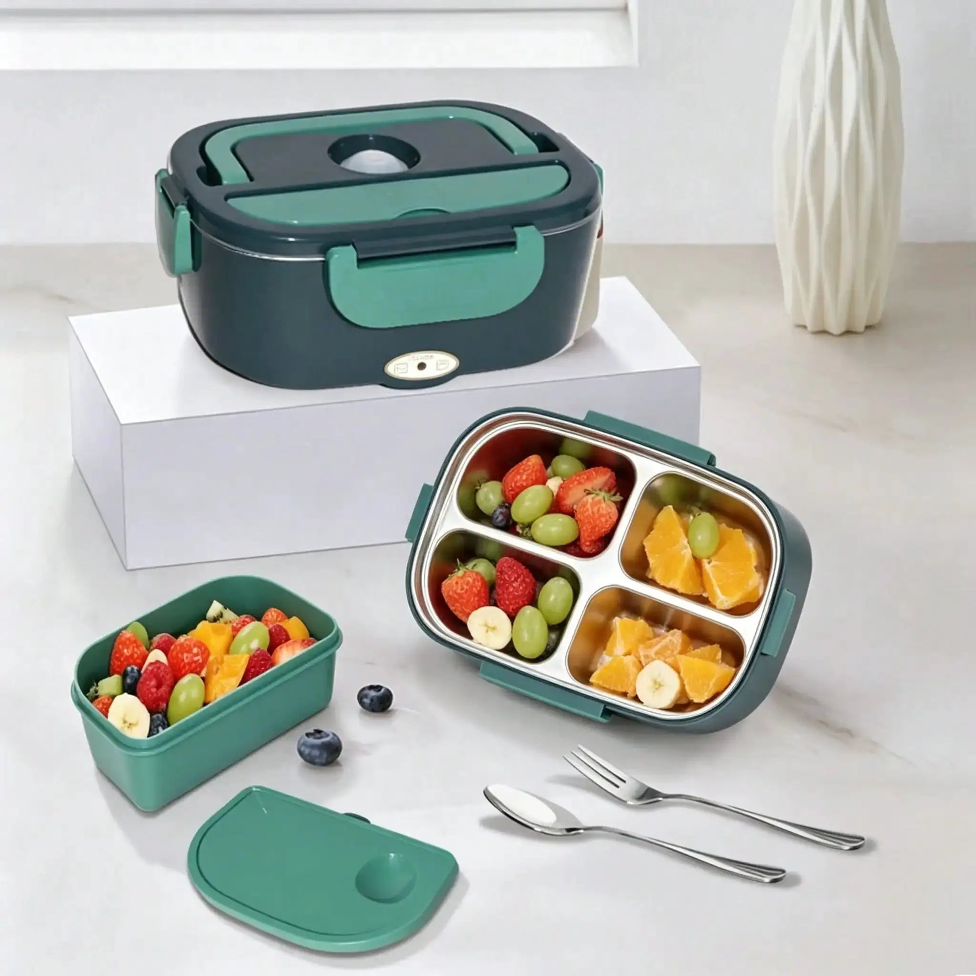 Electric Heating Lunch Box; 1.5L 304 Stainless Steel Dual Compartment Food Warmer, 12V Car Use, Portable Heated Bento Box With Fork, Spoon & Insulated Bag, Viral Must-Have For Office, Travel & Road Trips, Perfect Gift For Com from PriceLows™