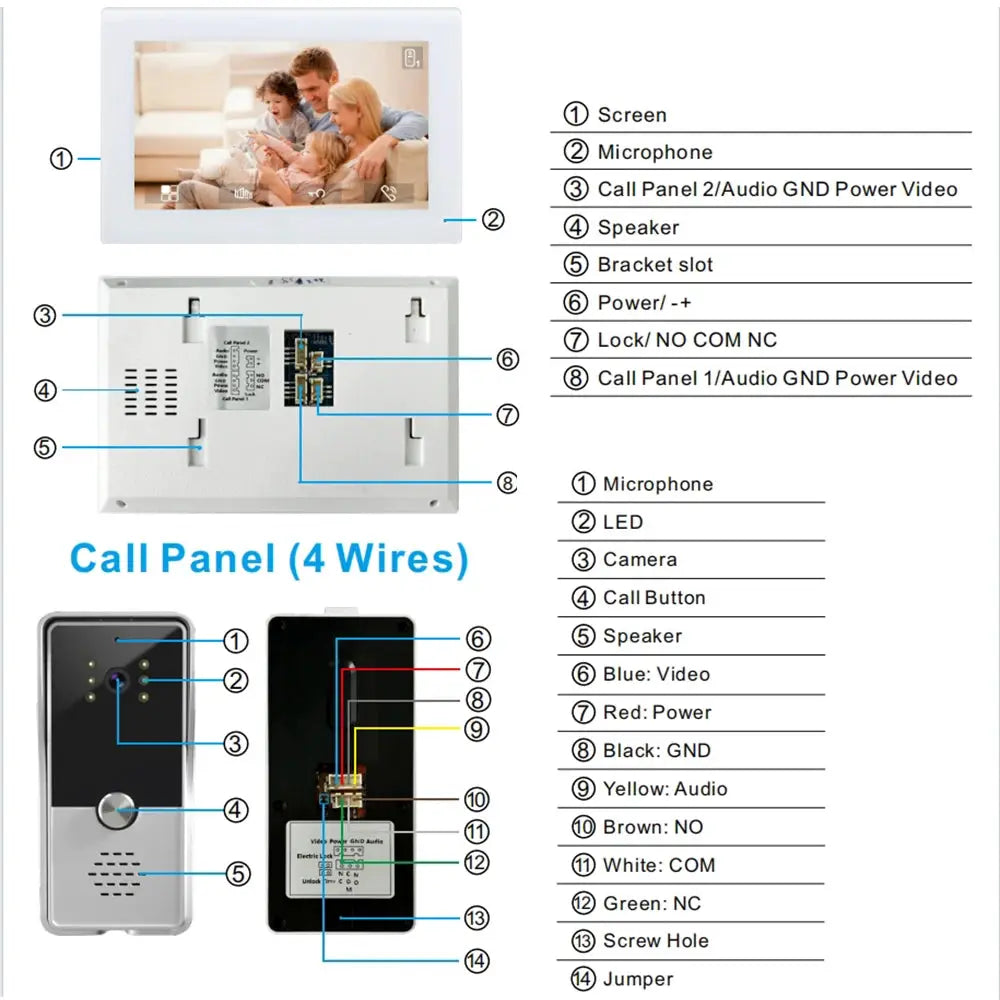 Video Intercom Monitor | 7 Inch Color Display | Wired Doorphone | Indoor Kit