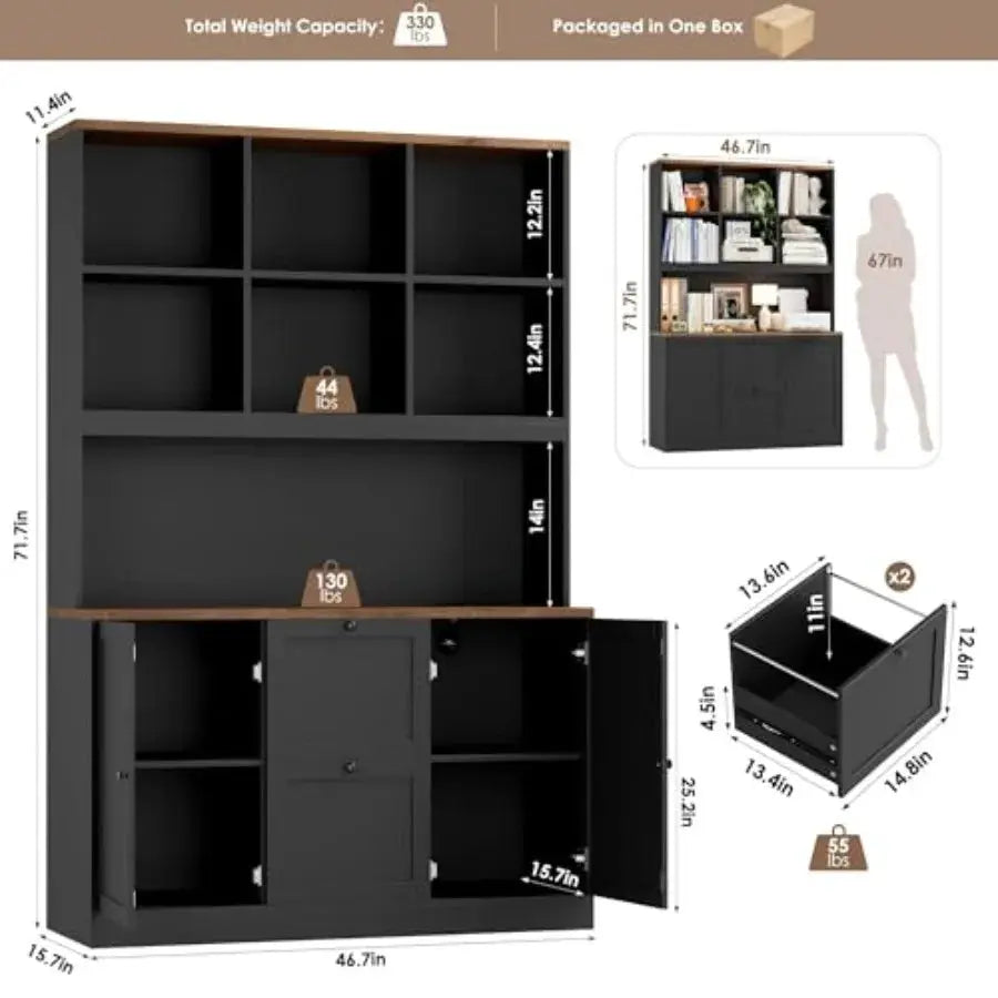 72'' Tall File Bookcase with Power Outlet and Printer Stand 2 Drawer Filing Cabinets for Home Office Fit Hanging A4 File Storag from PriceLows™