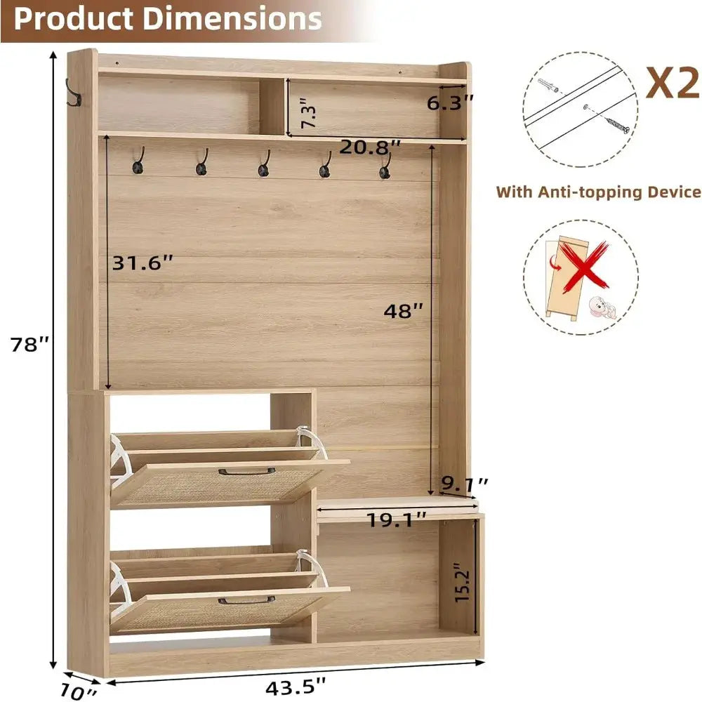 78" Tall Boho Hall Tree with Bench & Shoe Storage, 4-in-1 Mudroom Rattan Coat Rack with 2 Flip Drawers & Cushioned Stool, Entryway Hall Tree Cabinet with 6 Hooks for Garage, Natural Oak from PriceLows™