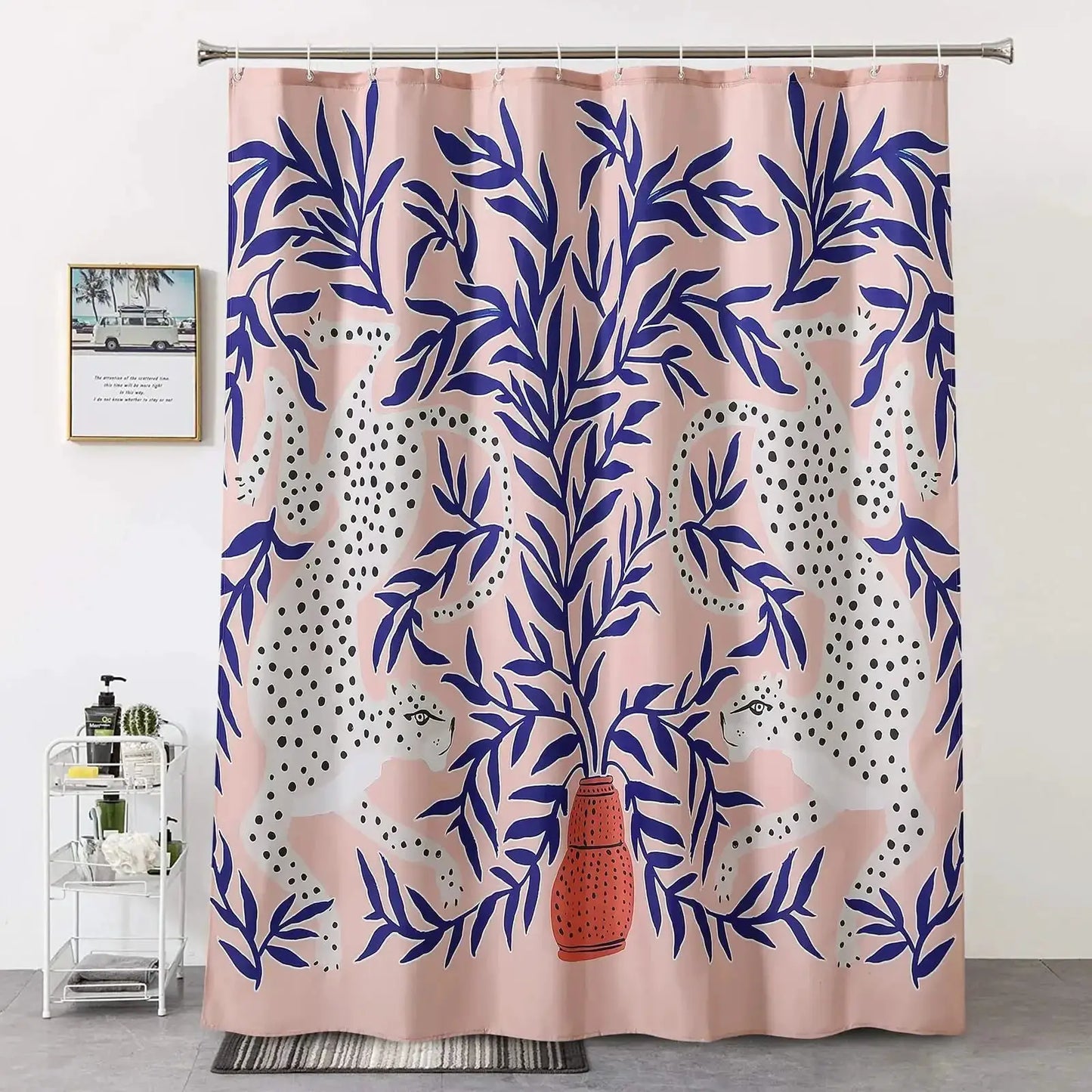 Boho Cheetah Shower Curtain,Tropical Leopard Wildlife Bath Curtain,Modern Pink Aesthetic Moon Phase Blue Floral Bathroom Curtain from PriceLows™