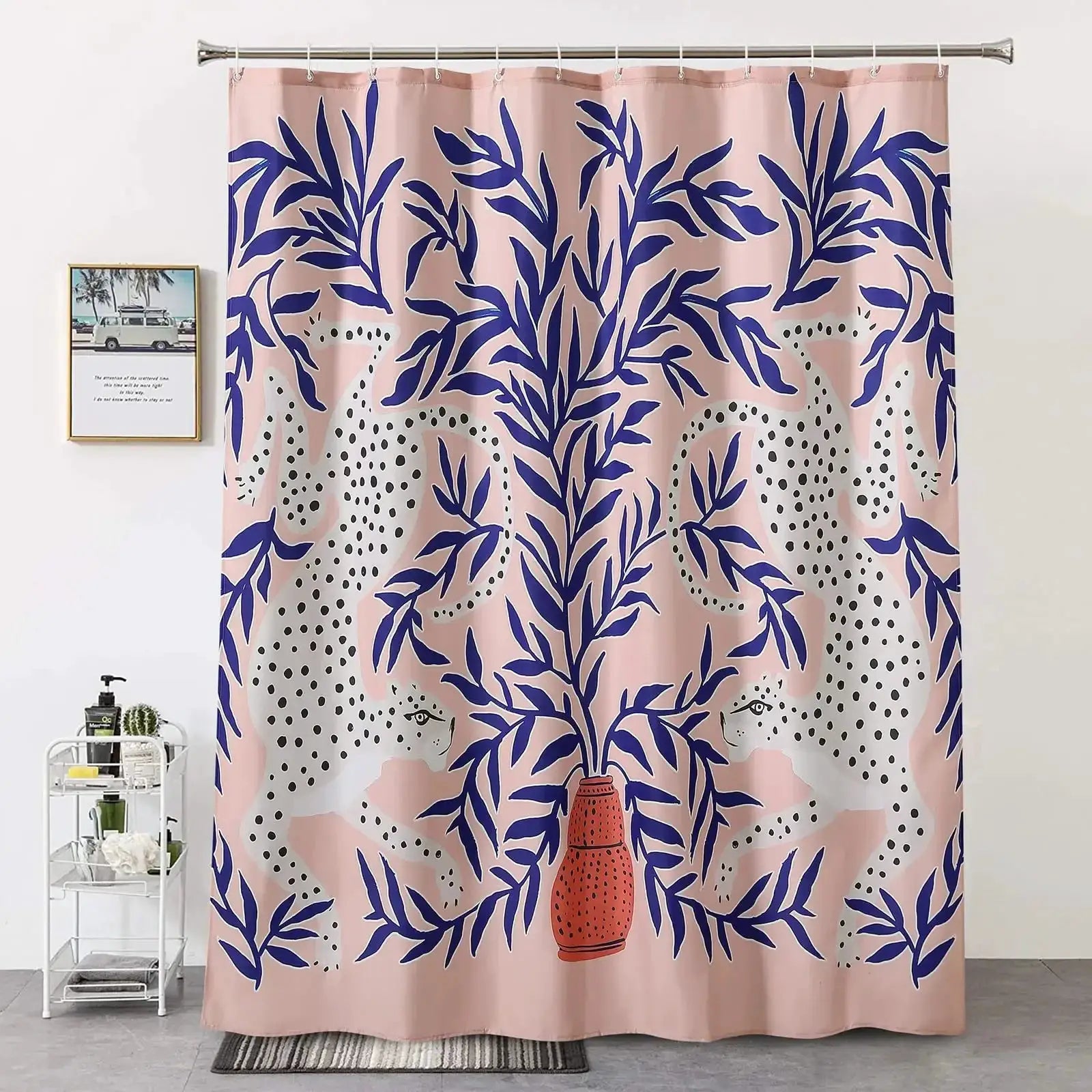 Boho Cheetah Shower Curtain,Tropical Leopard Wildlife Bath Curtain,Modern Pink Aesthetic Moon Phase Blue Floral Bathroom Curtain from PriceLows™