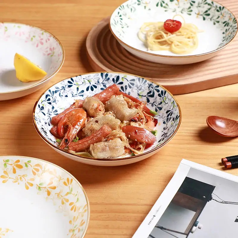 4pcs 8in/20.2cm Floral Ceramic Plates - Cute Pasta/Salad/Dessert Plates，Kitchen Restaurant Tableware，Microwave & Dishwasher Safe from PriceLows™