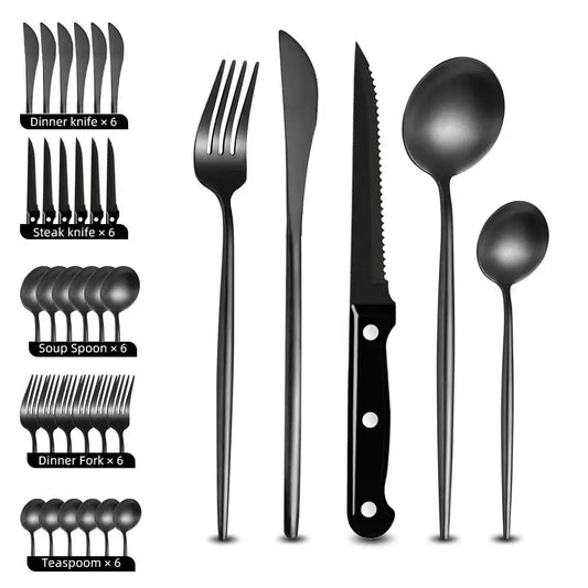 30pcs Black Dinnerware Set Stainless Steel Steak Knife Fork Coffee Spoon Teaspoon Flatware Dishwasher Safe Kitchen Tableware Set from PriceLows™