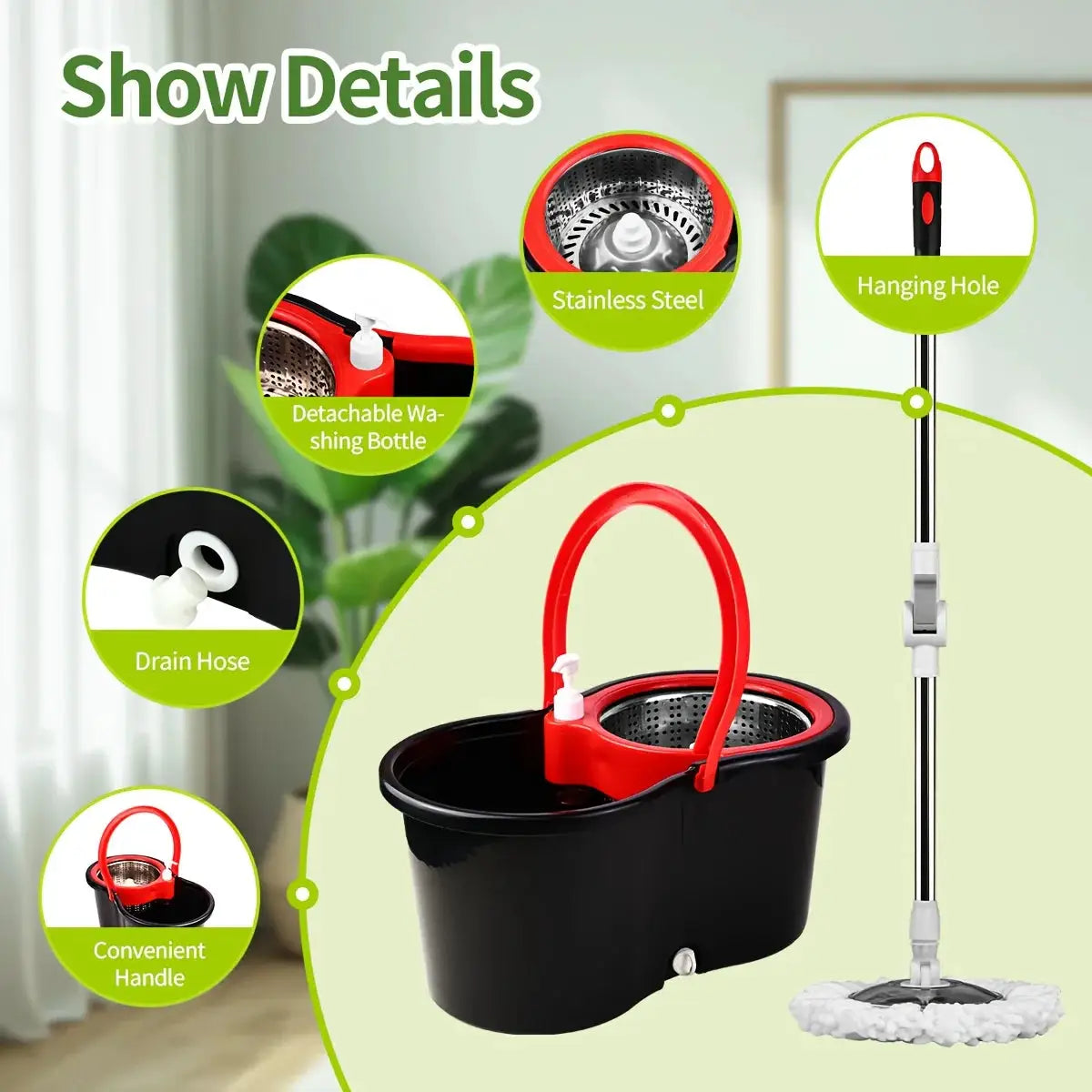360° Spin Mop Bucket Set with Wringer, Stainless Steel Basket & Rotating Microfiber Mop Head from PriceLows™