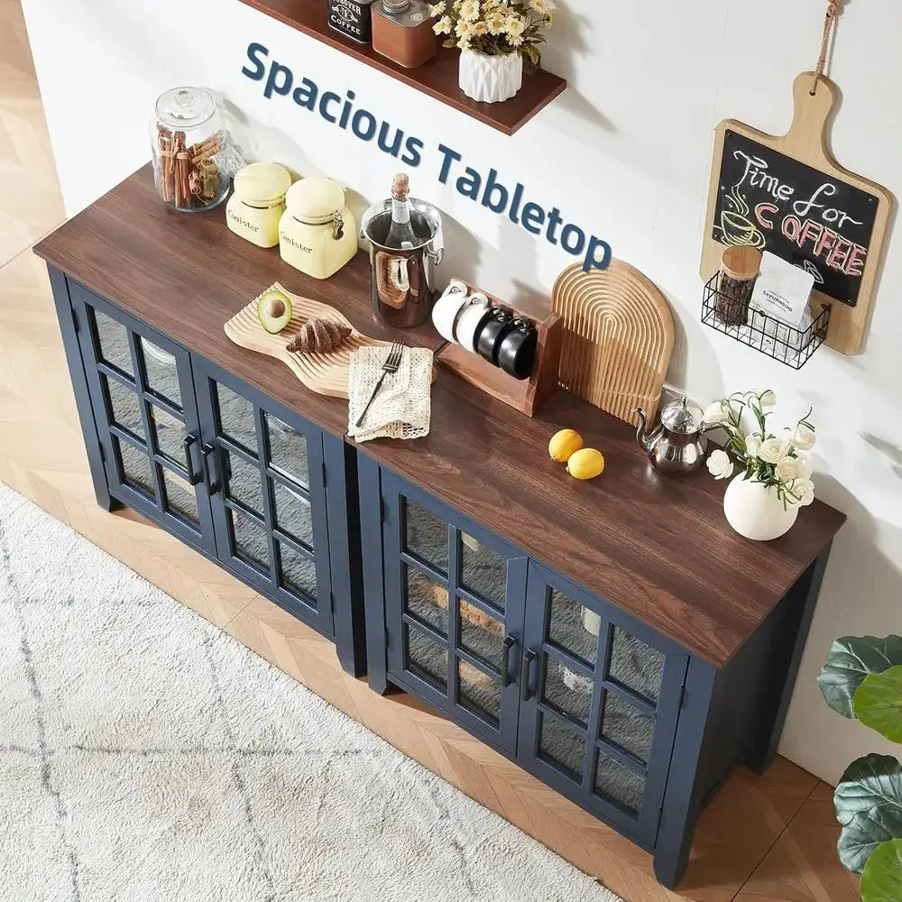 32 Navy Blue Kitchen Coffee & Wine Bar Cabinet with Storage and 2 Glass Doors from PriceLows™