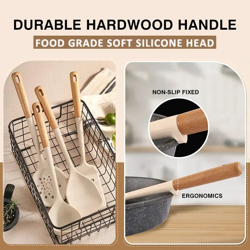 New Silicone Kitchen Cooking Utensils Set Durable Hardwood Handle Heat Resistant Tool Non-stick Turner Slotted Spoon Spatula Kit from PriceLows™