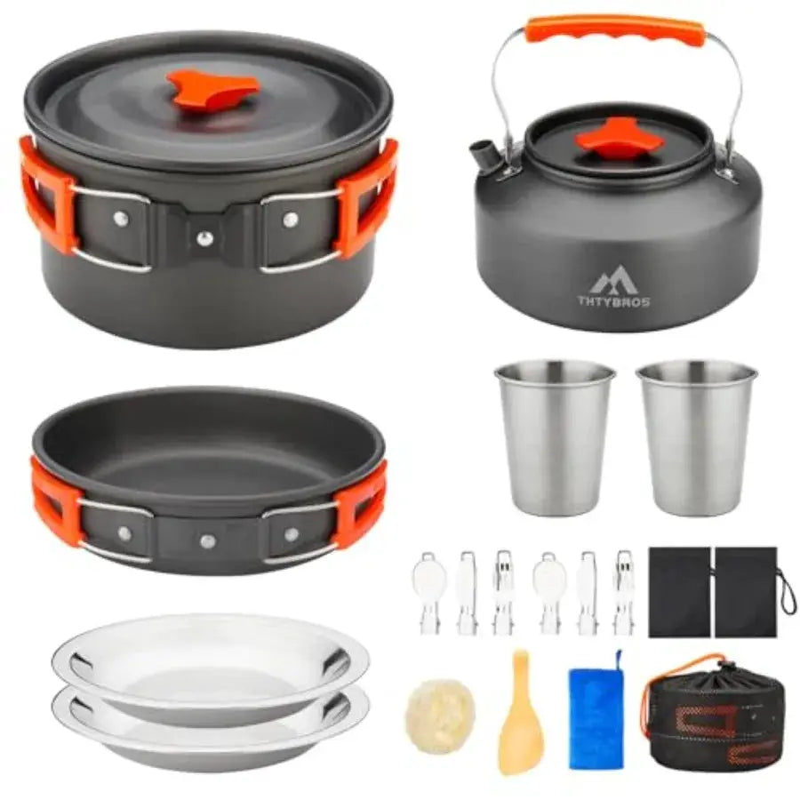 Camping Cookware Kit, 0.45Gal Pot, 7Inch Pan, 0.30Gal Kettle Set with 2 Set Stainless Steel Cups Plates Forks Knives Spoons for from PriceLows™