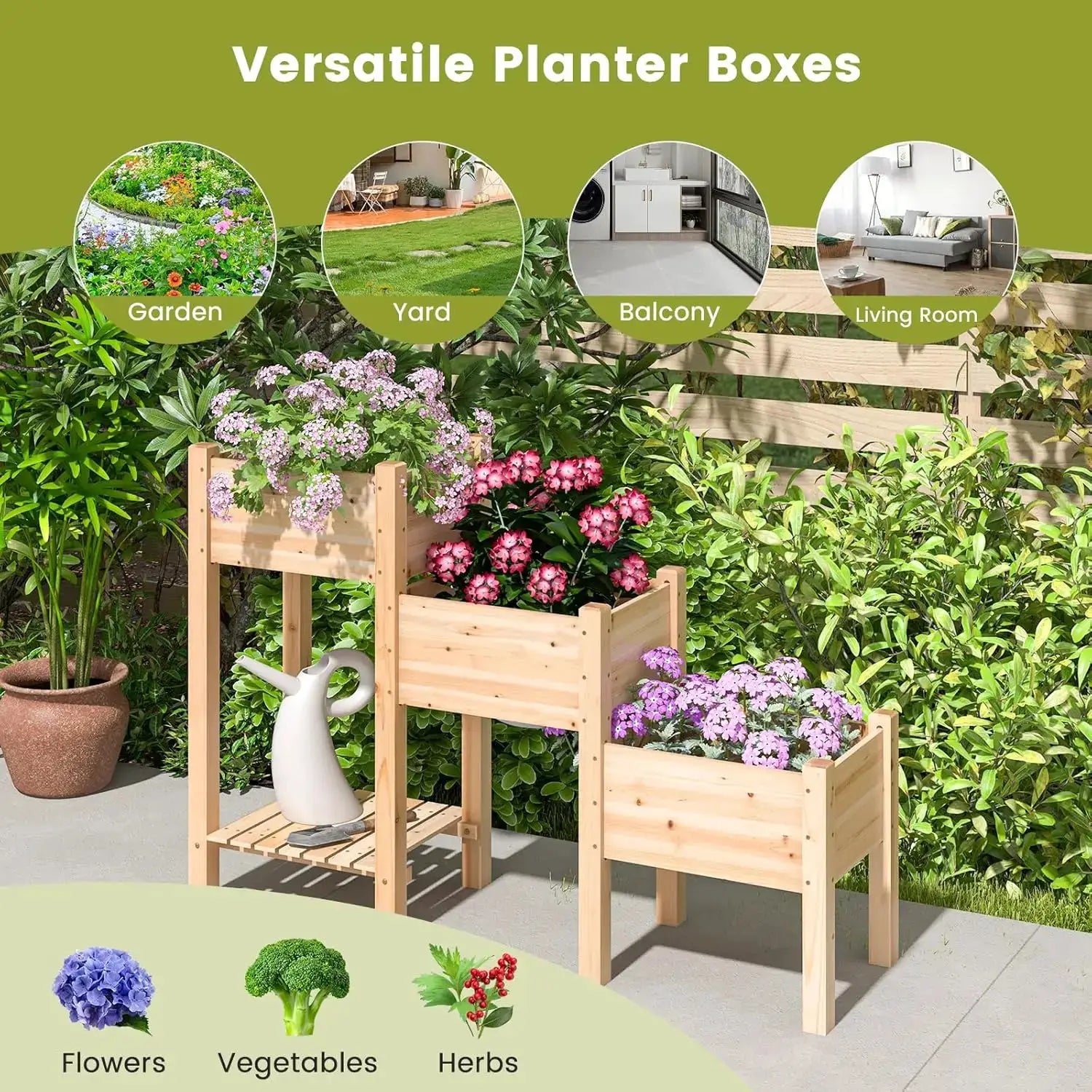 3-Tire Raised Garden Bed, Wooden Raised Planter Box with 3 Planter Boxes, Drainage Holes, Open Storage Shelf, Outdoor Ga from PriceLows™