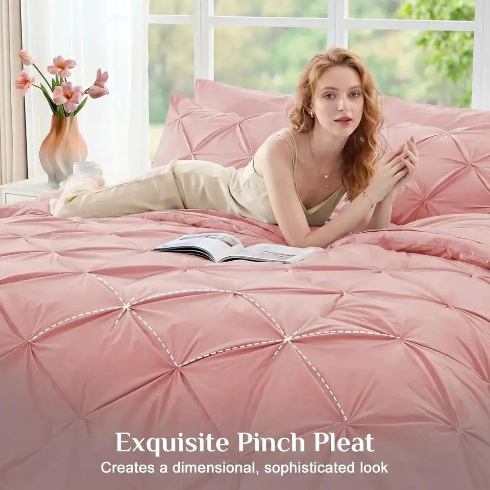 7-Piece Queen Comforter Set - All Season Pintuck Bedding with Sheet, Pillowcases, and Shams in Pink from PriceLows™