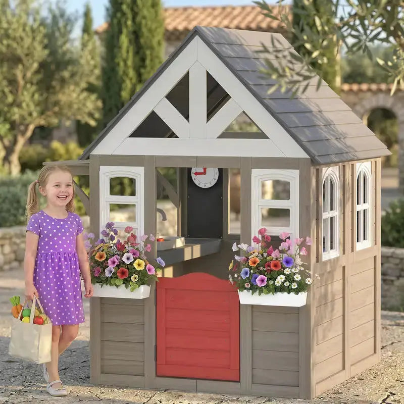 Qaba Outdoor Playhouse, Wooden Kids Playhouse with Dog Door, Flower Box, Cookware & Window for Garden Ages 2+, Gray from PriceLows™