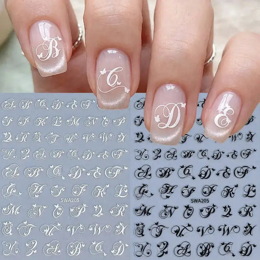 2Pcs Black White English Letter Alphabet 3D Nail Art Stickers Nail Decals with Love Heart Simple Style DIY Manicure Decorations from PriceLows™