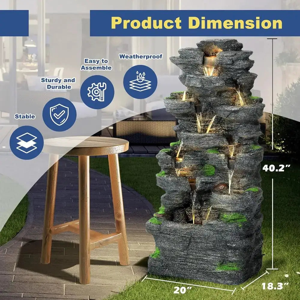 40 Outdoor Tiered Rock Waterfall Fountain with LED Lights for Patio and Garden Decor from PriceLows™
