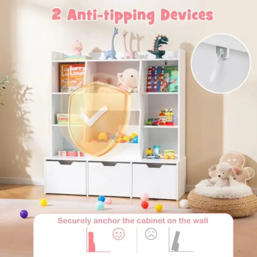47 Toy Storage Organizer Large Bookcase with 3 Movable Drawers 8 Storage Cubbies Multi-Functional Bookshelf for Playroom Living from PriceLows™