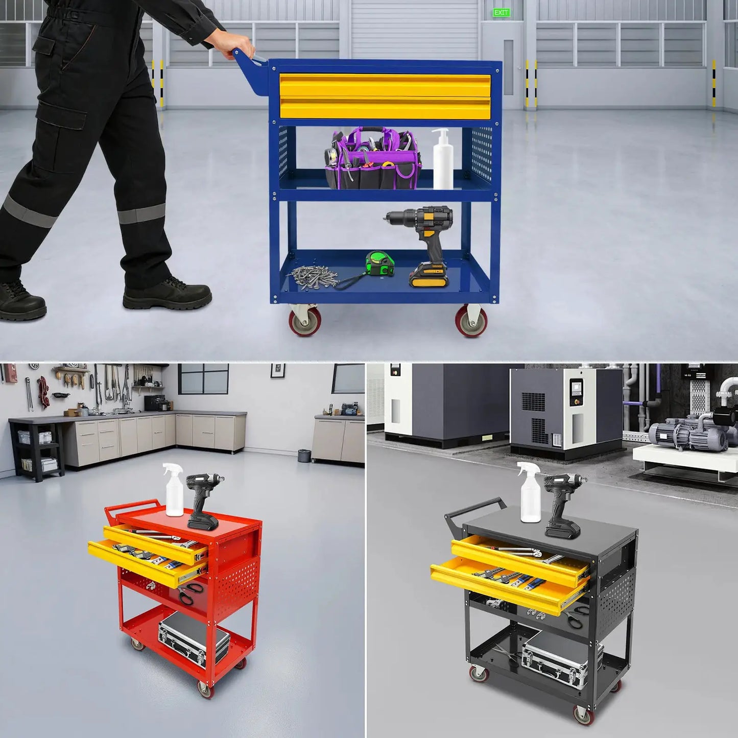 Tool Cart | 5 Shelf 2 Drawer | 400 Lb Capacity Carbon Steel | Black