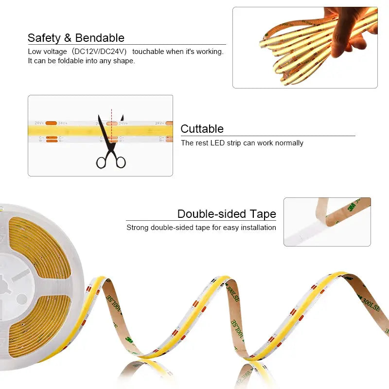 COB CCT LED Strip Lights 608 LEDs/m High Density Flexible Dimmable FOB Led Tape 2700K to 6500K Changeable Lighting DC12V 24V from PriceLows™