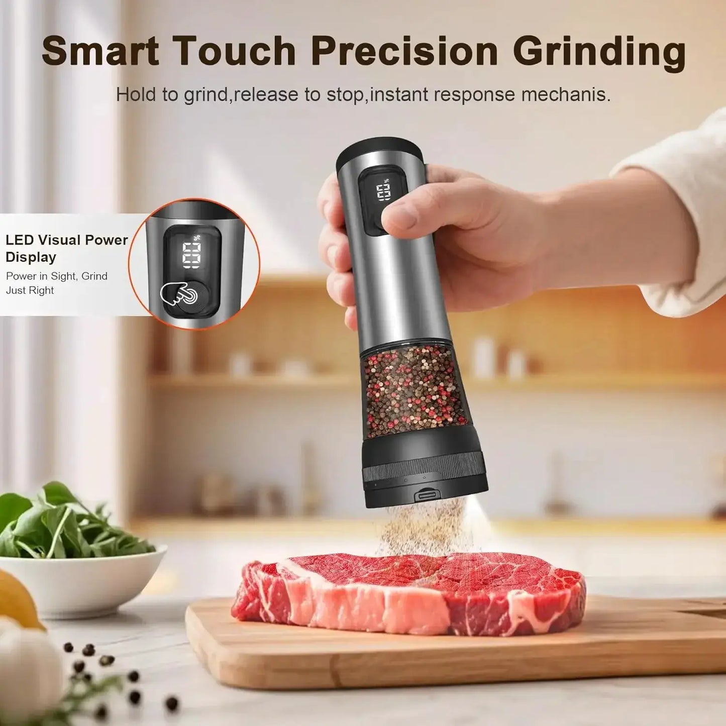 Electric Salt And Pepper Grinder Set | 5 Coarseness Levels | LED | One Handed