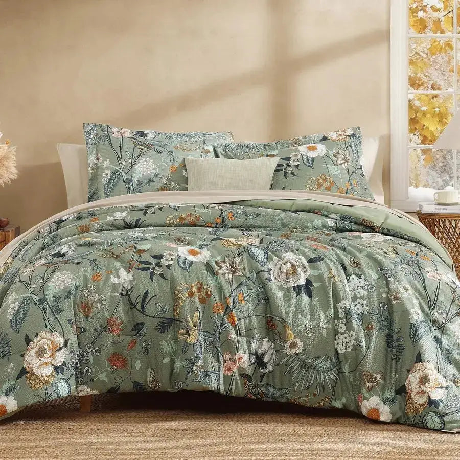 King Size Comforter Set 7 Pieces Green Floral Bedding Sets, King Bed in a Bag with Botanical Butterfly Comforter, Sheets, Pillow from PriceLows™