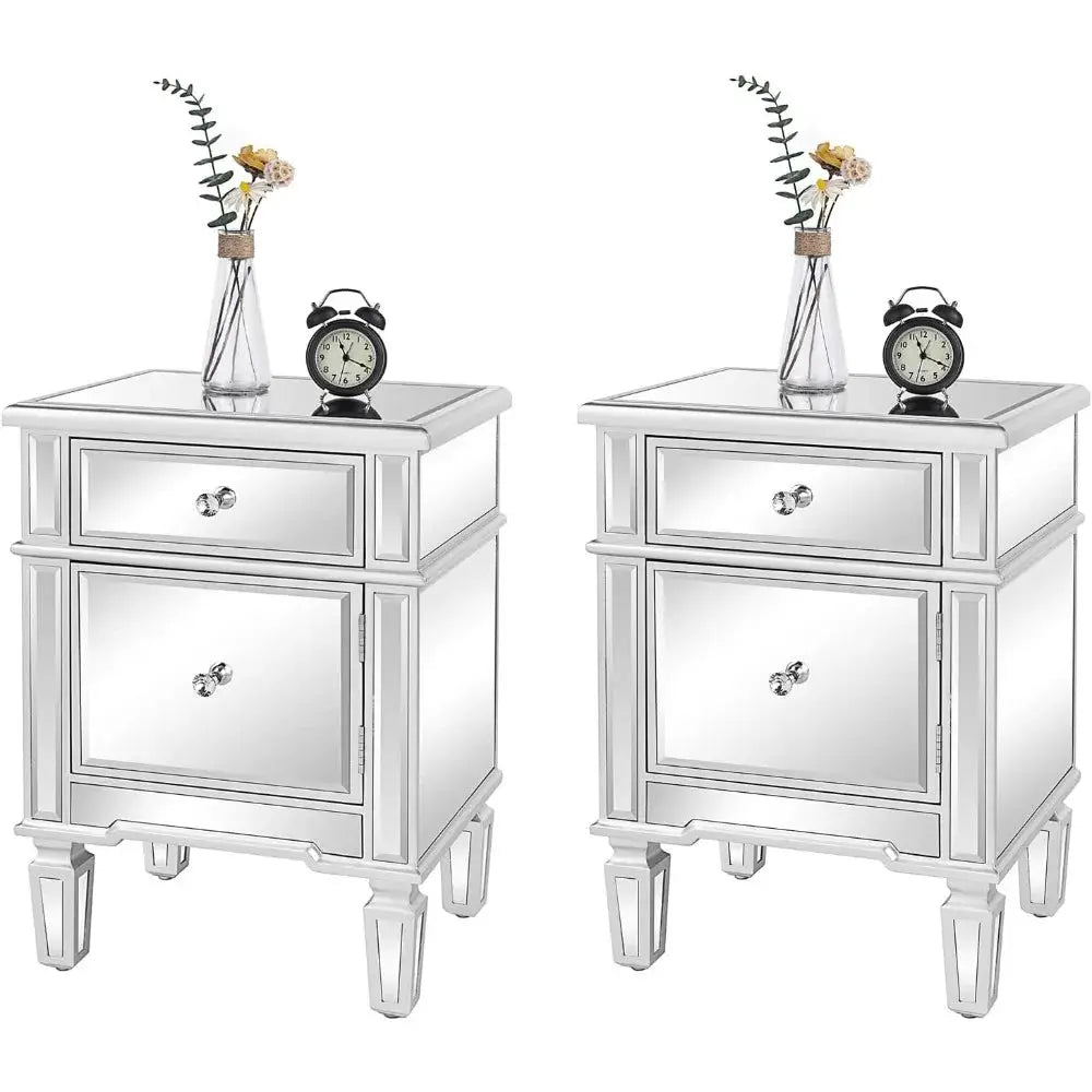 Nightstands Set of 2 Mirrored Side Tables Glass End Table with Drawer for Bedroom, Silver from PriceLows™