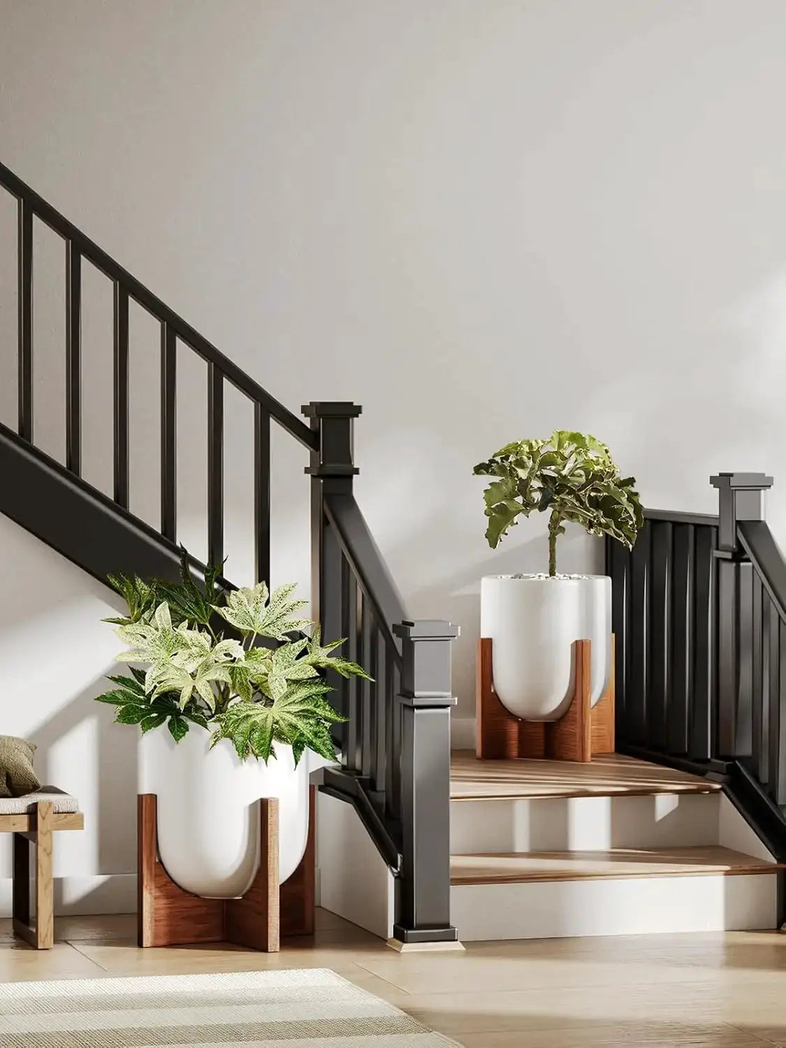 12 Inch Ceramic Plant Pot with Acacia Wood Stand, White Cylinder Planter with Drainage Hole, Indoor Planters for Living Room Office from PriceLows™