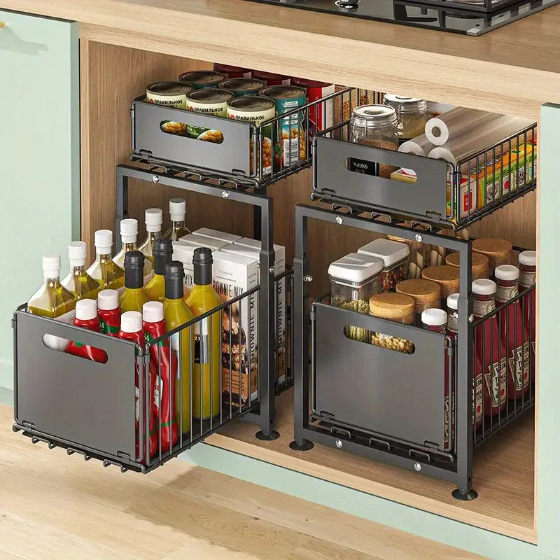 2 Tier Slide Out Cabinet Organizer Heavy Duty, Under Sink Storage Shelf for Kitchen Bathroom, Adjustable Metal Shelf 1/2 Pack from PriceLows™
