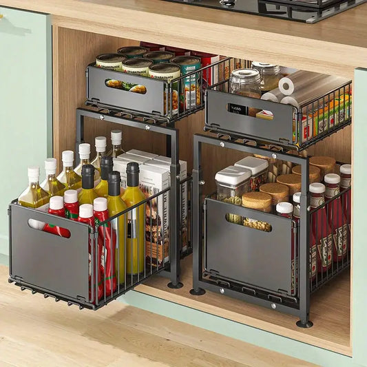 2 Tier Slide Out Cabinet Organizer Heavy Duty, Under Sink Storage Shelf for Kitchen Bathroom, Adjustable Metal Shelf 1/2 Pack from PriceLows™