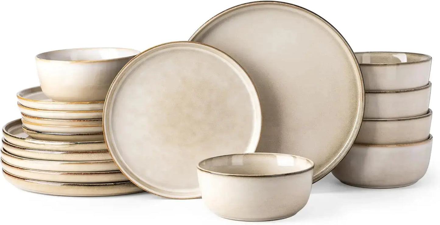 Ceramic Dinnerware Sets for 6, 18 Pieces Stoneware Plates and Bowls Sets, Scratch Resistant Dishes Reactive Glaze-Cappuccino from PriceLows™