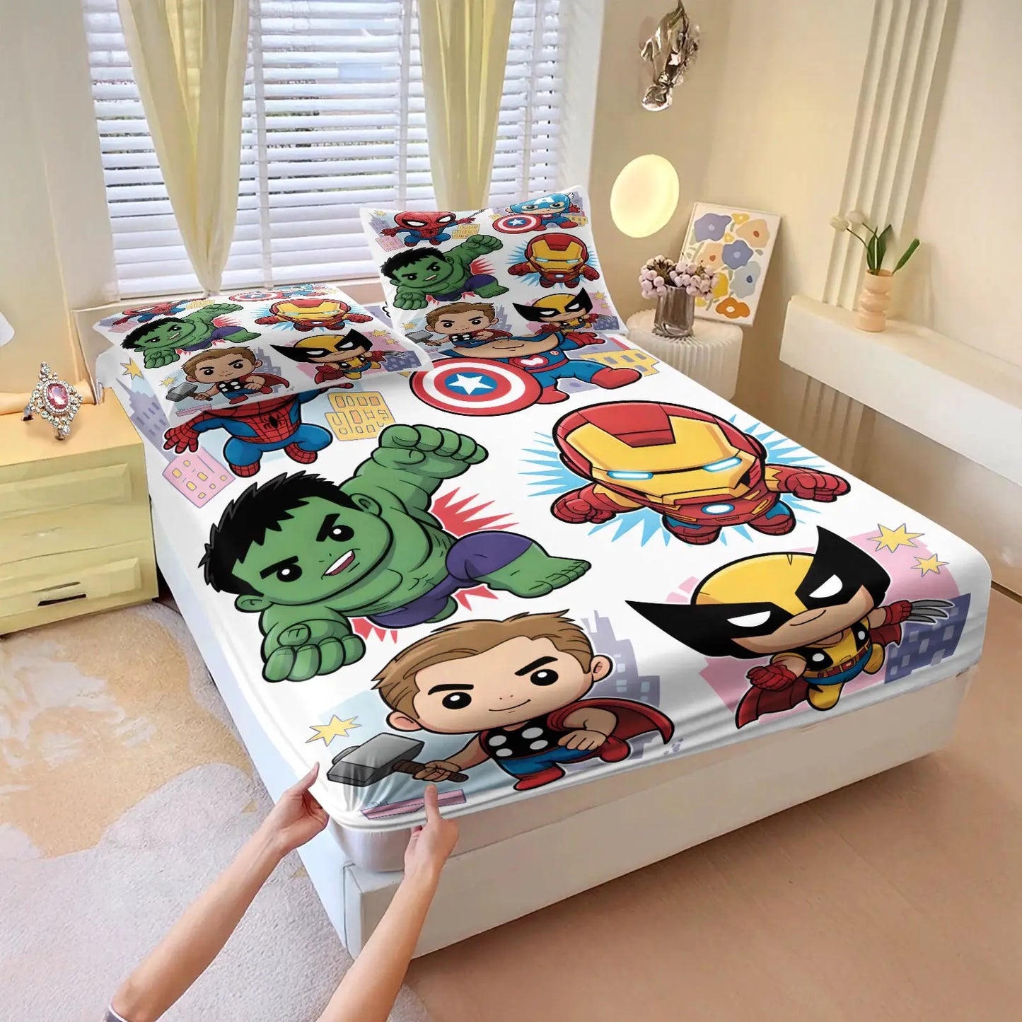 3Pcs Chibi Marvel Fitted Sheet Set with Pillowcases, Soft Deep Pocket Cartoon Print Mattress Cover for Kids Boys Girls Bedroom from PriceLows™