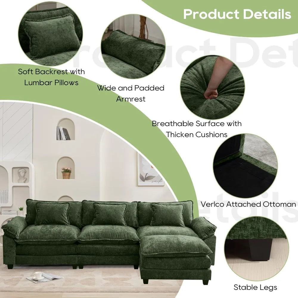 Sectional Sofa | L-Shaped With Ottoman | Chenille Fabric | Seating For Four
