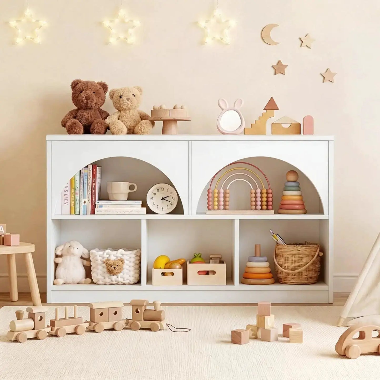 2-Shelf Arched Bookcase, Wooden Toy Storage Organizer, 5-Section Kids Bookshelf for Playroom, Nursery, White from PriceLows™