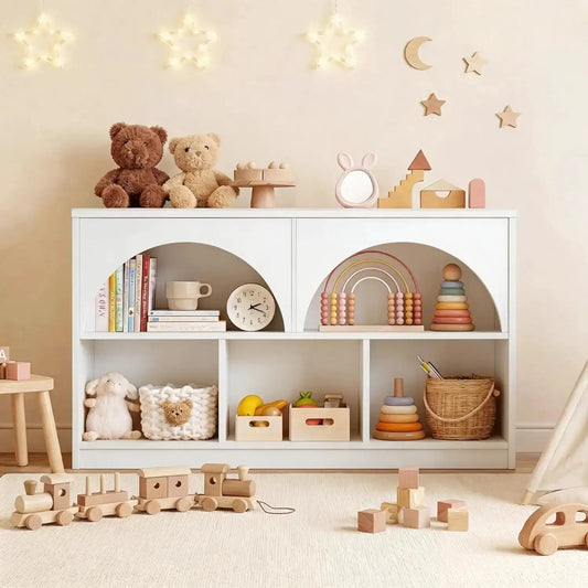 2-Shelf Arched Bookcase, Wooden Toy Storage Organizer, 5-Section Kids Bookshelf for Playroom, Nursery, White from PriceLows™