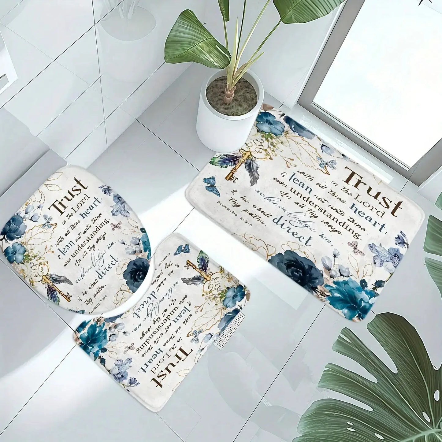 1/3/4pcs Malachite Flower Scripture Shower Room Set, Waterproof Shower Curtain With 12 Plastic Hooks, Bath Non-Slip Mat from PriceLows™