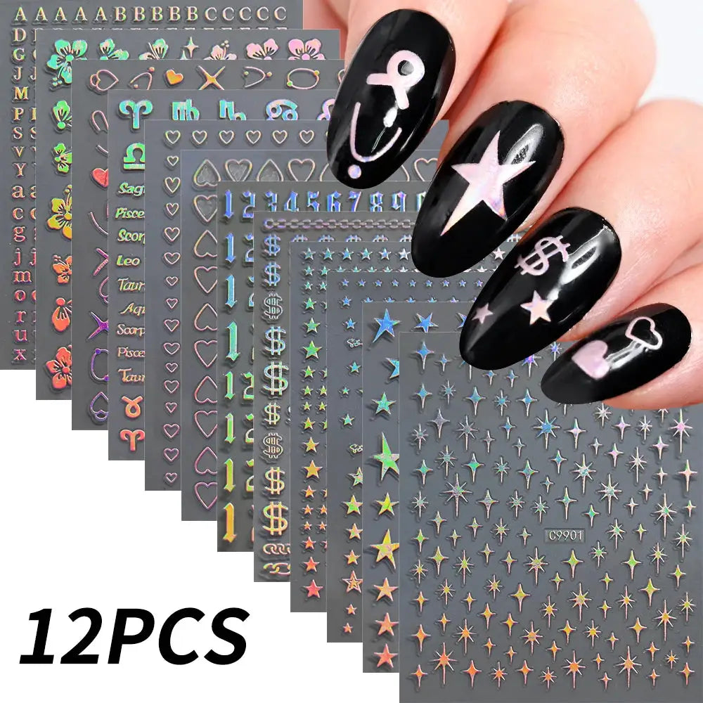 12Pcs 3D Gold Sliver Stars Nail Stickers Bronzing Starlight Nail Art Decals Self Adhesive Slider Decals DIY Nail Tips Decoration from PriceLows™